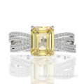 Yellow CZ Emerald Cut Rings Silver 925 Sterling